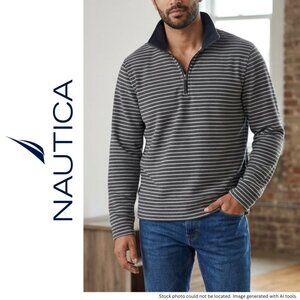 Nautica Men's Medium Gray White Striped Quarter-Zip Pullover Sweater